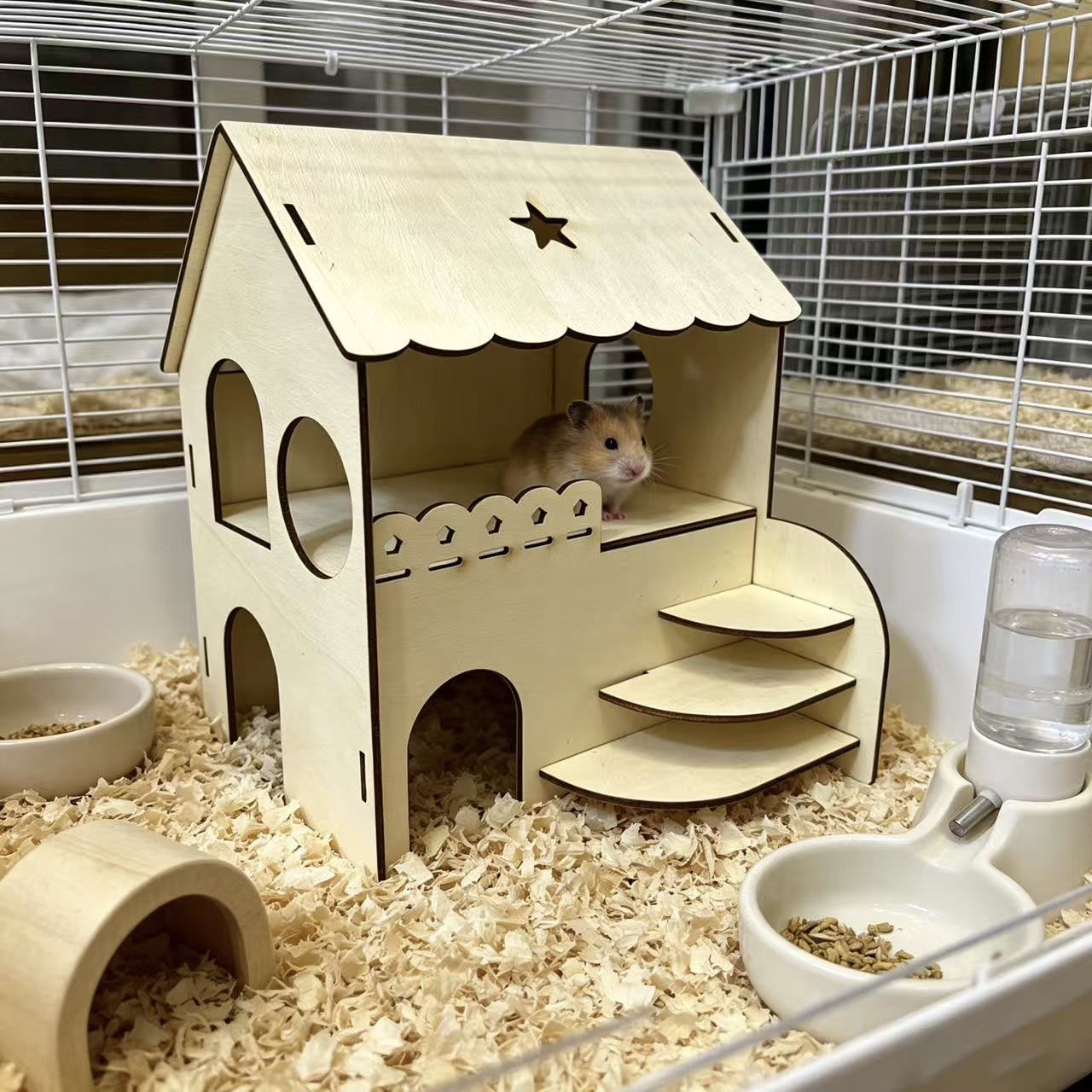 Insect Hotel Wood - Hamster Two-Story Wooden House with Stairs,